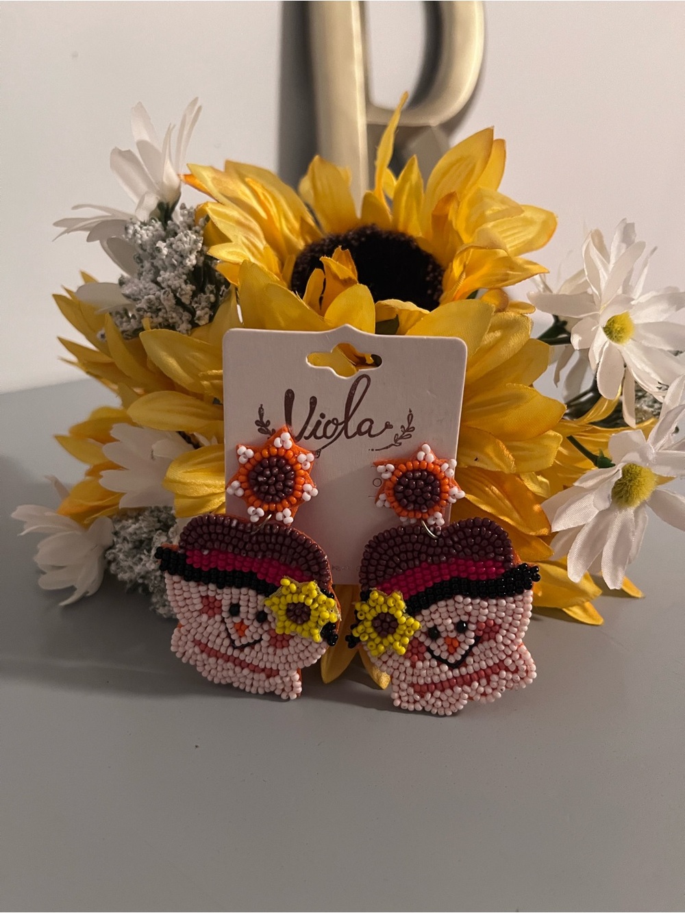 Beaded Scarecrow Sunflower Statement Earrings